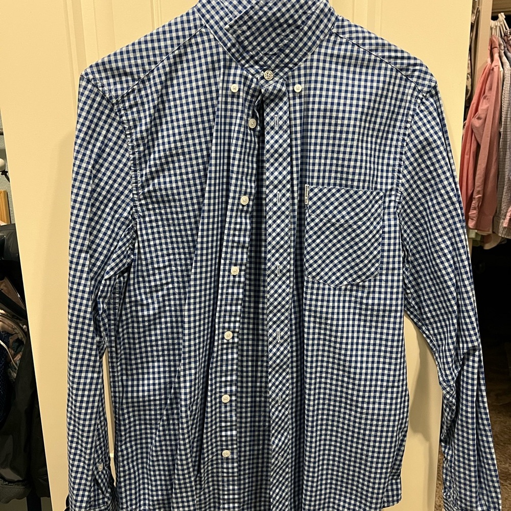 Ben Sherman Navy and White Gingham Plaid, Long Sleeve, Shirt, Men’s Medium